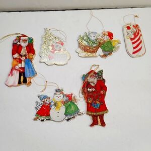 Bundle lot of 6 1980s Cardboard Christmas Tree Ornaments Kitty Cucumber
